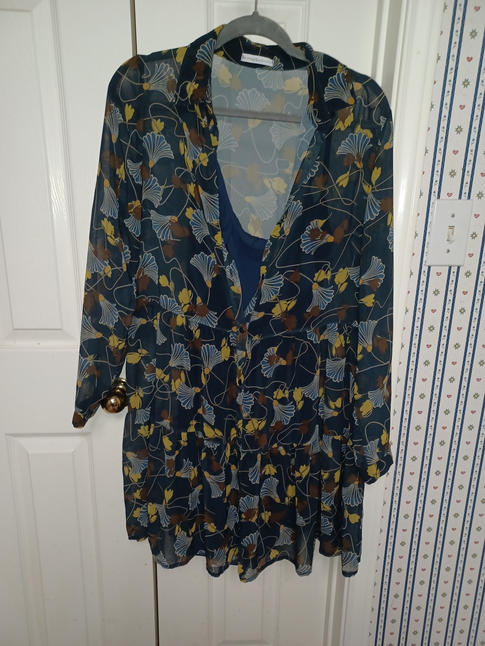 Motivi Navy Floral Tiered Long-Sleeve Dress